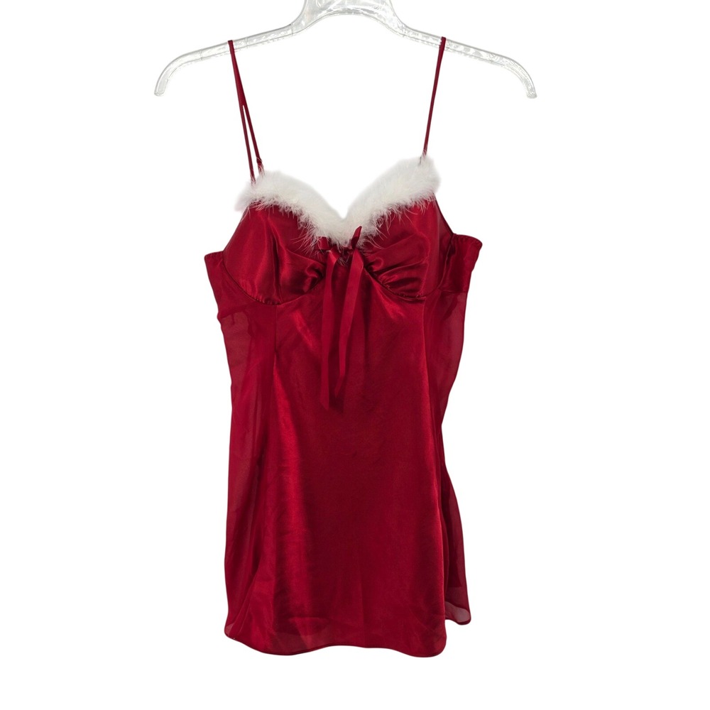Enchanting Red Satin Faux Fur Trim Babydoll Chemise Lingerie Medium Holiday